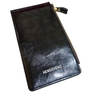 Hengsheng Genuine Leather Wallet Card Holder Black Slim Bifold 2 Zipper Pockets
